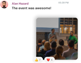 Key.ai's event feedback interface showing a message from "Alan Hazard" saying "The event was awesome!" alongside an embedded photo of a speaker presenting to an audience, with reaction buttons for likes and thumbs-up.